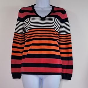 Tommy Hilfiger Stripe V-Neck Light Weight Sweater 100% Pima Cotton Size Medium